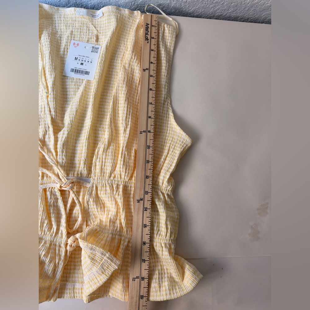 ZARA Yellow & White Gingham Tie-Front Vest Top | Sleeveless Crop Blouse - Picture 6 of 7